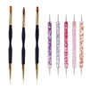A set of precision nail art brushes with various colored tips and handles.