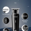 A black electric hair and beard trimmer with a fine steel cutter, LCD display, and Type-C interface.