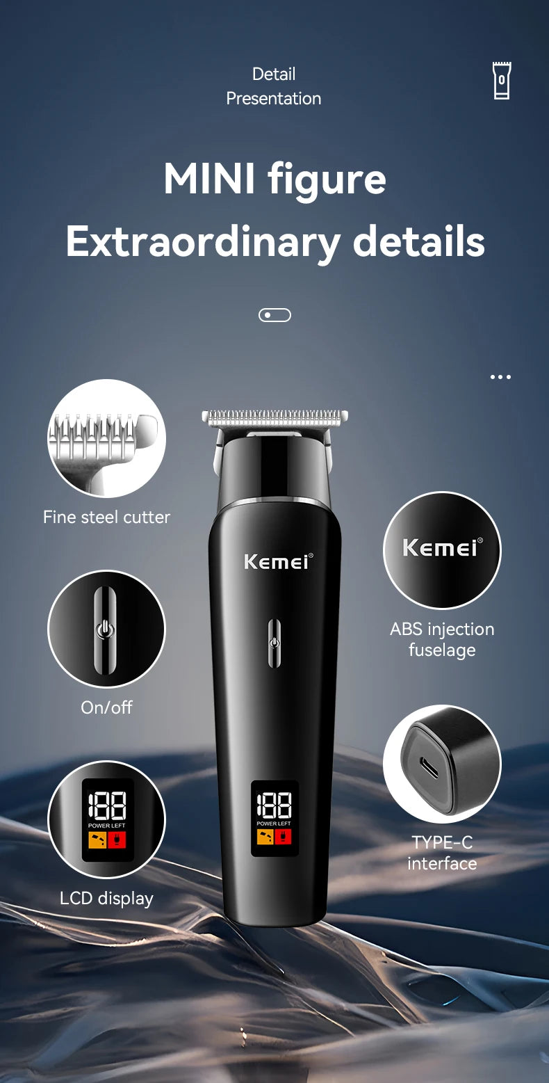 A black electric hair and beard trimmer with a fine steel cutter, LCD display, and Type-C interface.
