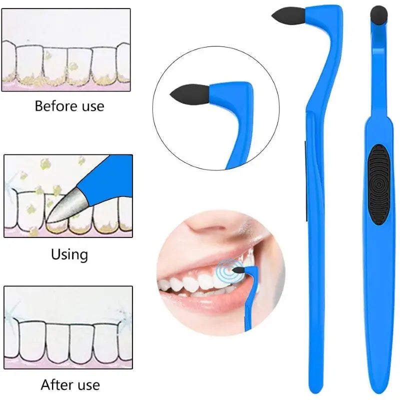 A manual tooth stain remover tool with an interdental brush shown before, during, and after use on teeth.
