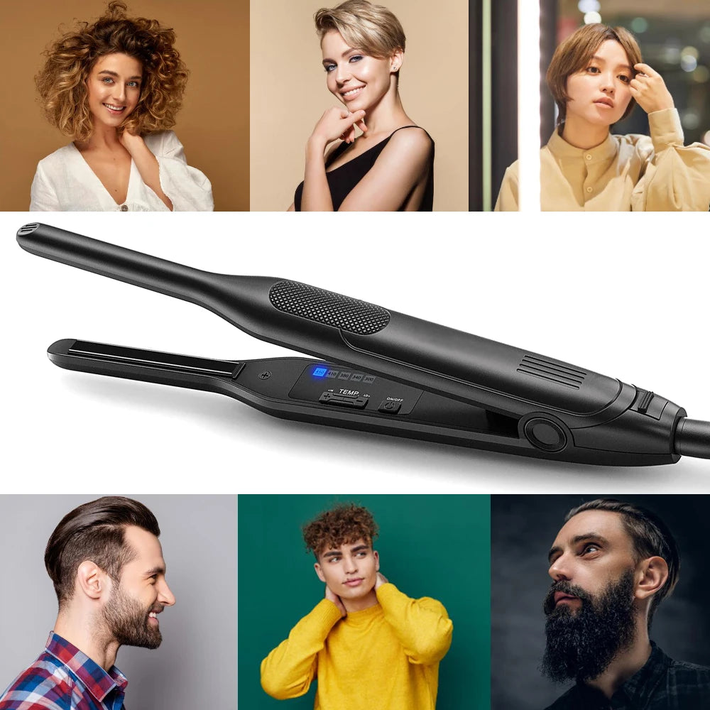 A black professional ceramic flat iron is shown with various models of hair and a man with a beard.