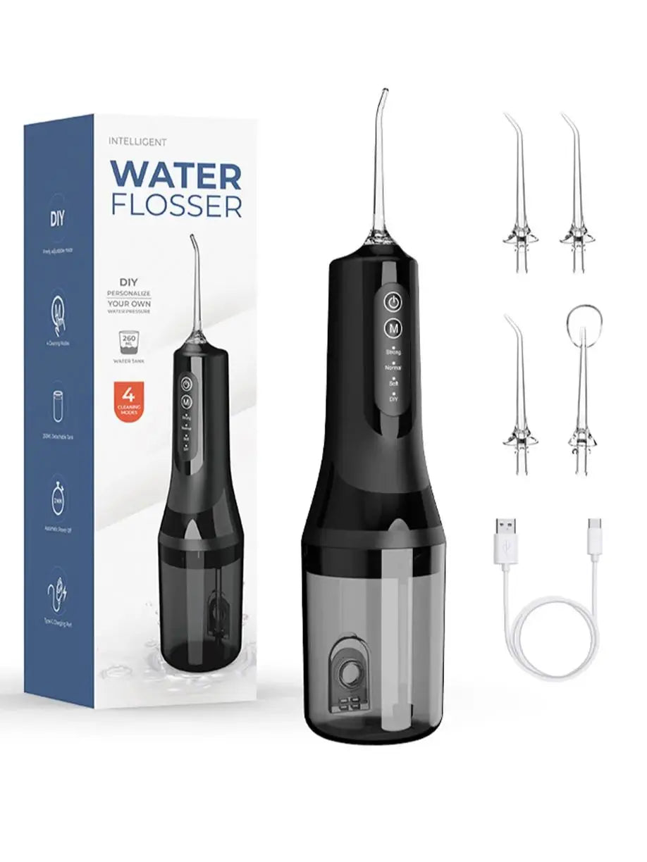 A black portable electric dental floss and oral irrigator device with a clear water reservoir and various tips.