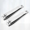 A pair of shiny stainless steel nail clippers for fingernails and toenails.