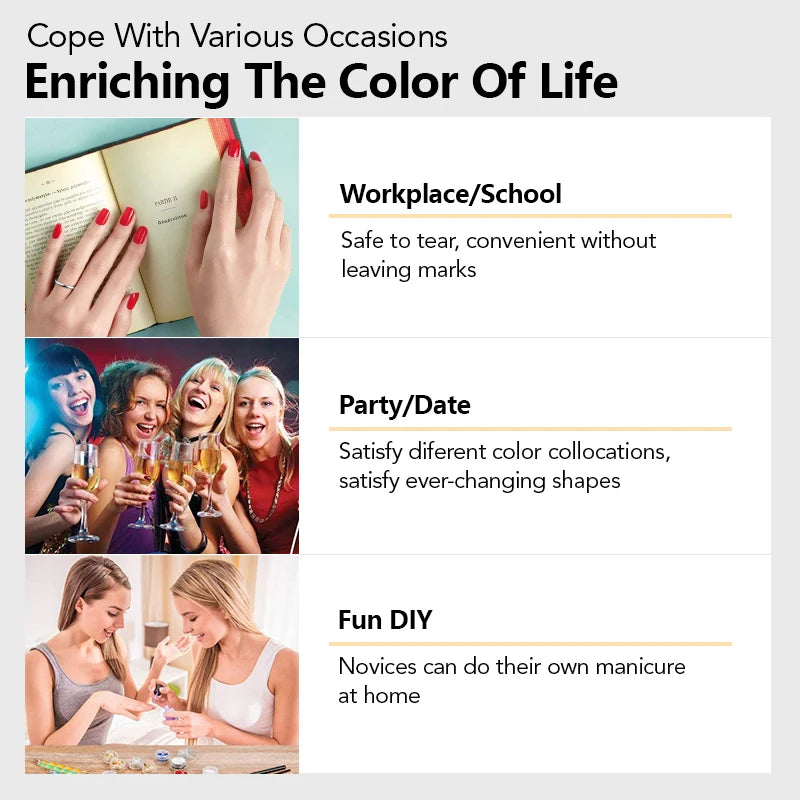 A product guide showing various occasions for using Halloween UV Gel Nail Stickers, including workplace/school, party/date, a