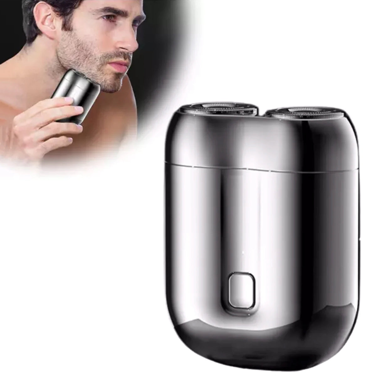 A close-up of a modern silver cordless electric razor shaver being held by a man.