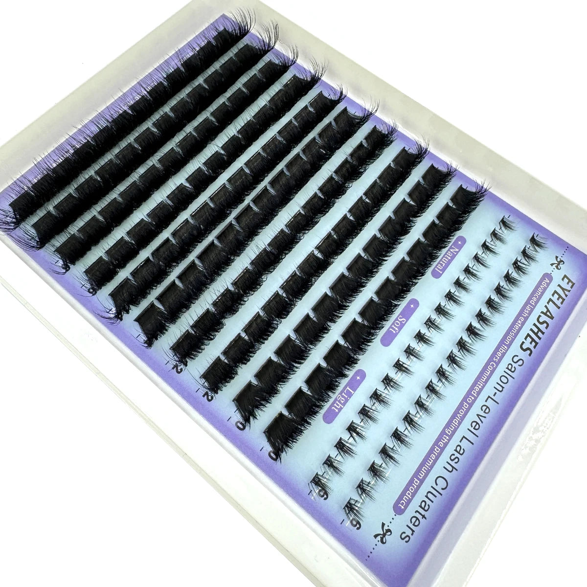 Présentation de clusters de cils pointus DIY pour extensions salon, montrant différentes longueurs et styles.