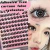 A close-up of false cartoon eyelashes applied to an eye, shown next to the product packaging.