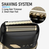 Close-up view of a black electric shaving system with a gold foil shaver head and controls.