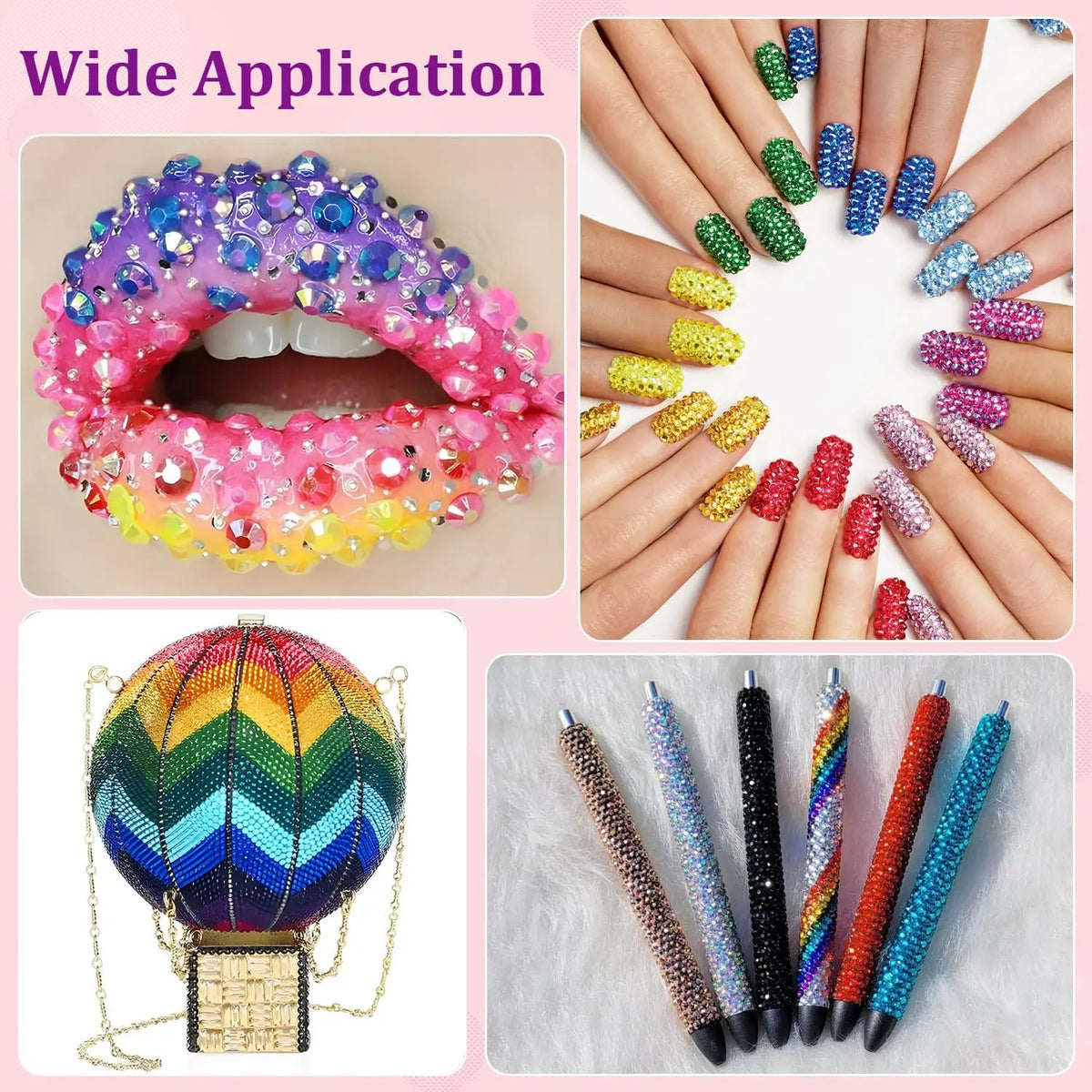 A set of colorful rhinestone nail charms and a rainbow-colored spherical charm.