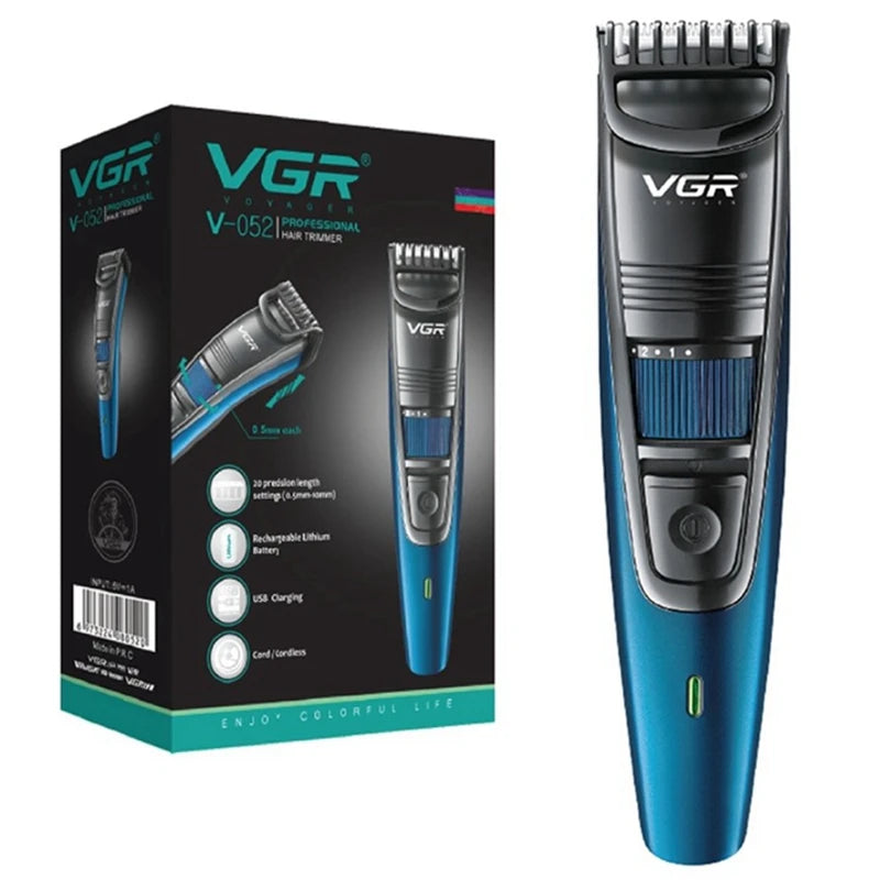 A VGR professional electric beard and hair trimmer in blue and black packaging and product view.