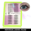A box of individual lashes for DIY eyelash extension, showing various lash styles and density options.