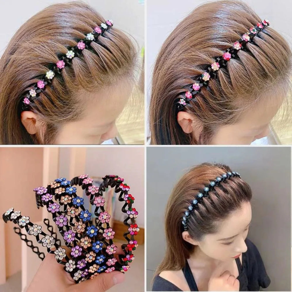A woman is shown wearing a black and pink rhinestone wave headband styled in a half-up hairstyle.