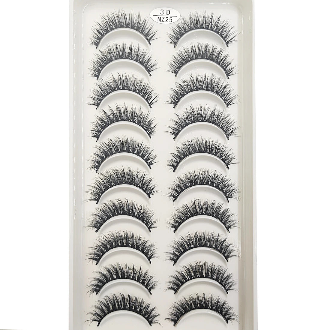 A display of natural 3D mink false eyelashes in various styles and lengths.