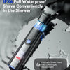 A black electric shaver with a magnetic blade head is shown in a shower context.
