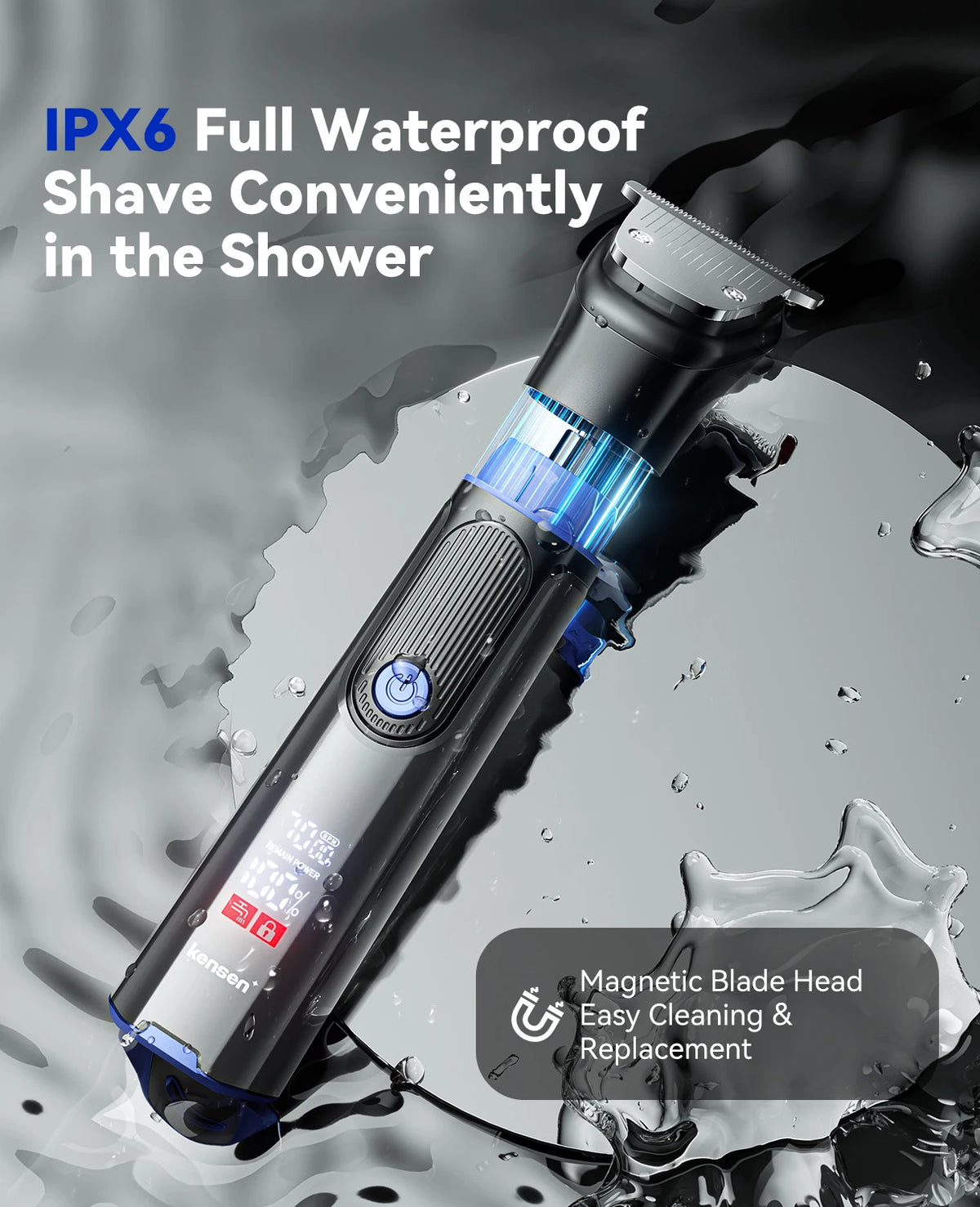 A black electric shaver with a magnetic blade head is shown in a shower context.