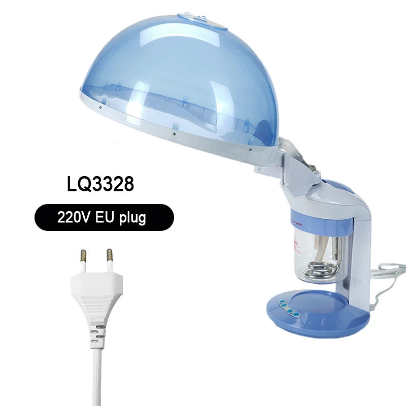 A light blue facial and hair steamer device with a clear dome and a white power cord plug.