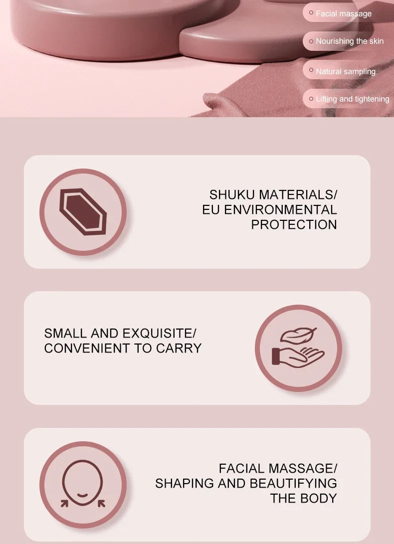 A set of pink resin facial massage rollers with features for nourishing the skin, natural sampling, and lifting and tightenin