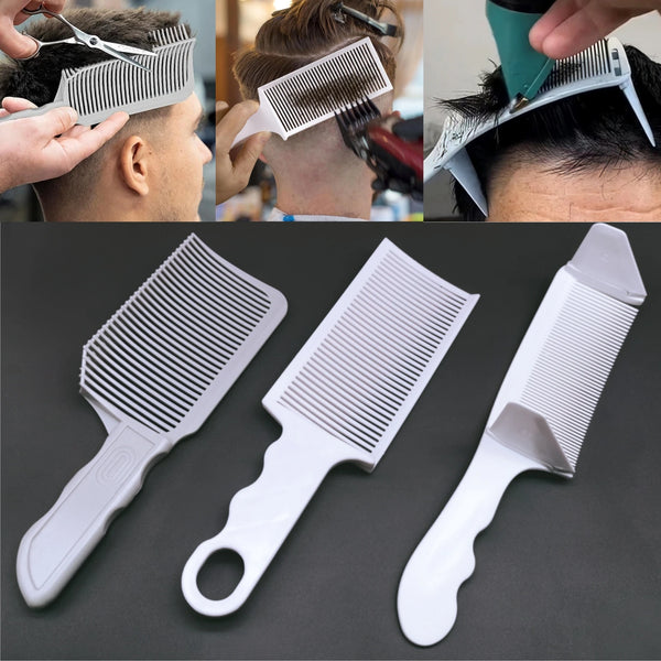 A set of professional flat top hair cutting combs shown in various angles and usage examples.