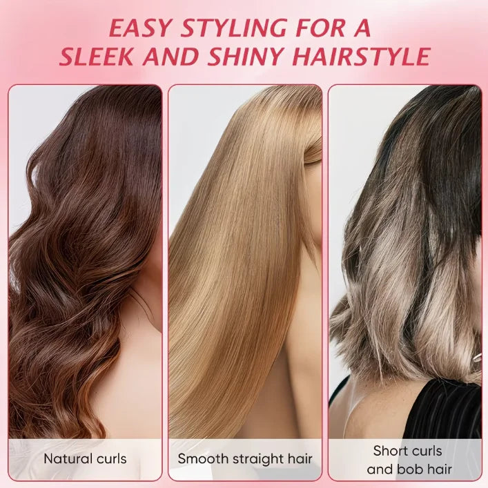 Tres peinados mostrando rizos naturales, cabello liso y rizos cortos y bob.
