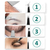 Four steps demonstrating the use of a precision stainless steel tweezer set for eyebrow grooming.