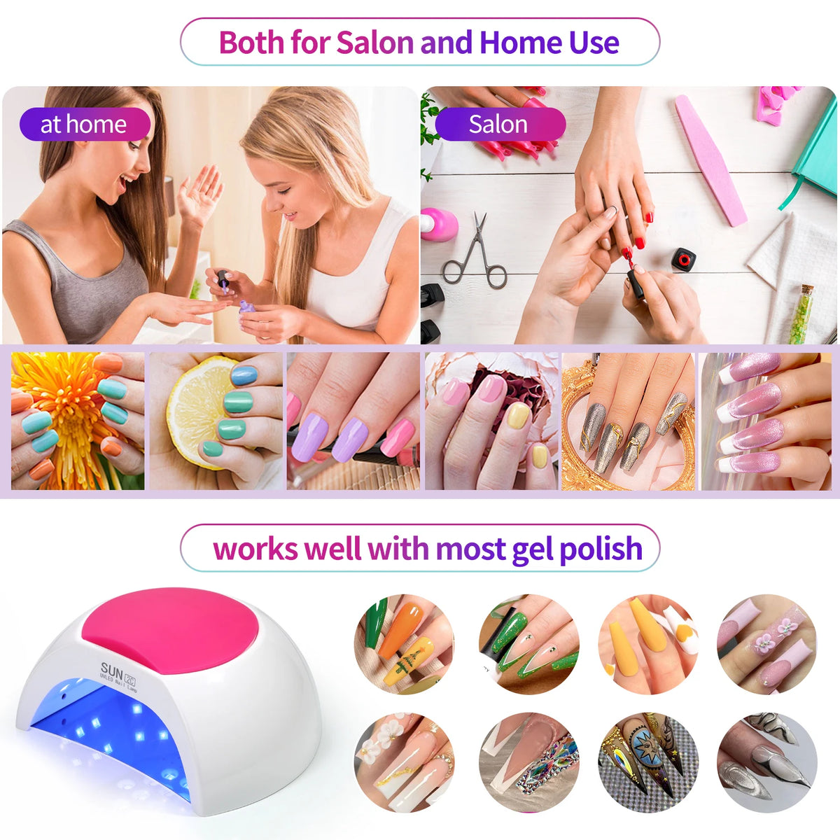 Lampe LED UV professionnelle pour ongles avec diverses couleurs de gels et manucures.