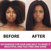 Before and after comparison showing hair transformation using an electric hot comb styling iron