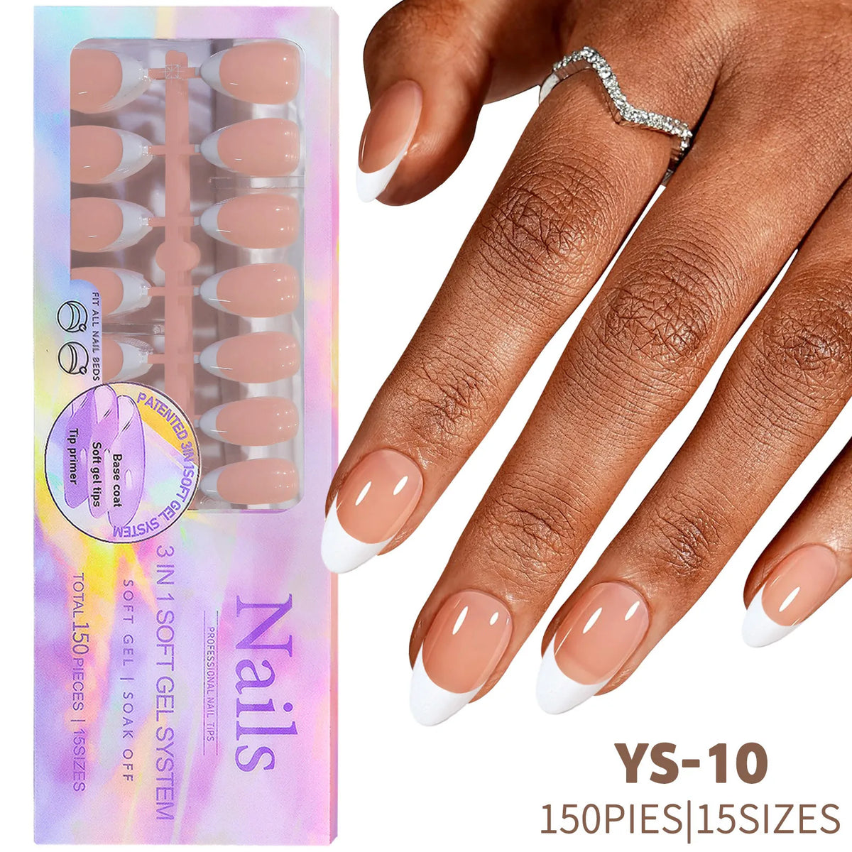 A set of 150 press-on nails in rich coffee black featuring various sizes and tips.
