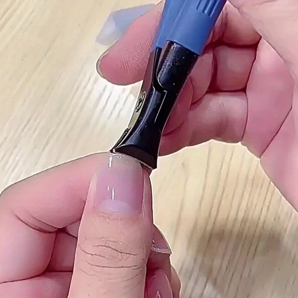 A hand is using a heavy duty toenail clipper with an ergonomic blue handle to trim a toenail.