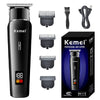 A black Kemei professional electric hair clipper with various attachments and a charging cable.
