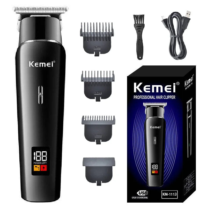 A black Kemei professional electric hair clipper with various attachments and a charging cable.