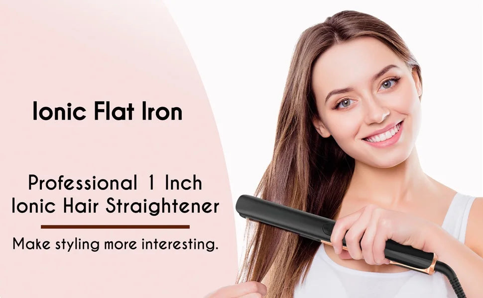 A woman is holding a black Ionic Flat Iron hair straightener while looking at the camera.