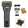 A black electric hair shaver with a gold shaving head and various attachments shown in a box.