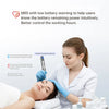 A woman is using a professional wireless microneedling pen on her face, demonstrating its features.