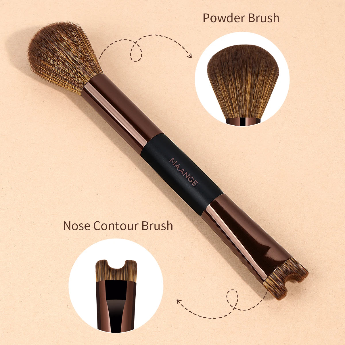 A brown double-ended contouring makeup brush with a gold ferrule and black handle, shown next to inset images.