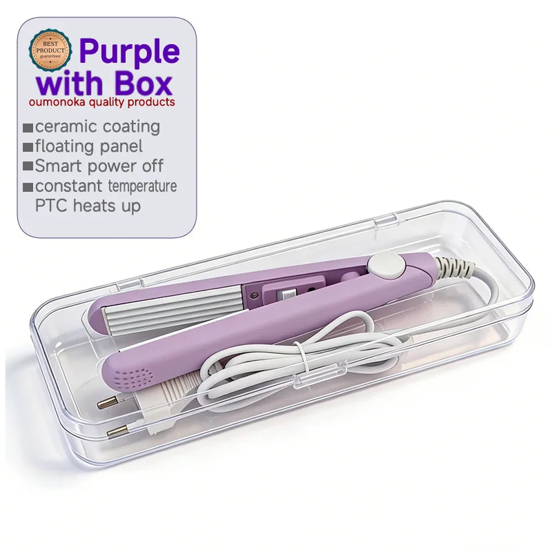 A purple ceramic hair curler and straightener with a floating panel is shown in a clear plastic box.