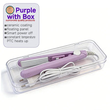 Plancha y rizador de cabello de cerámica púrpura en una caja transparente con cable de alimentación