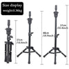 Black adjustable wig stand tripod with a stable base and height measurements.