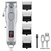 A silver professional cordless hair clipper set with multiple attachments and a power indicator light.