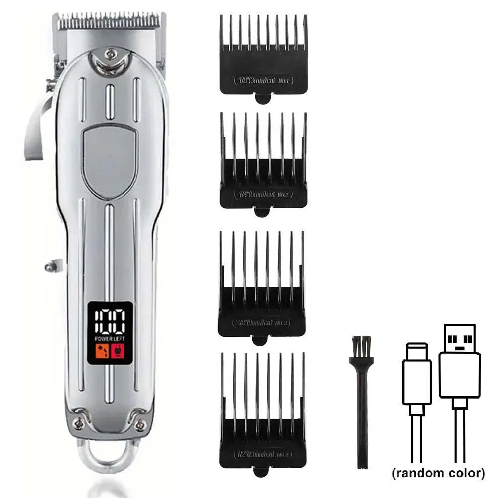 A silver professional cordless hair clipper set with multiple attachments and a power indicator light.