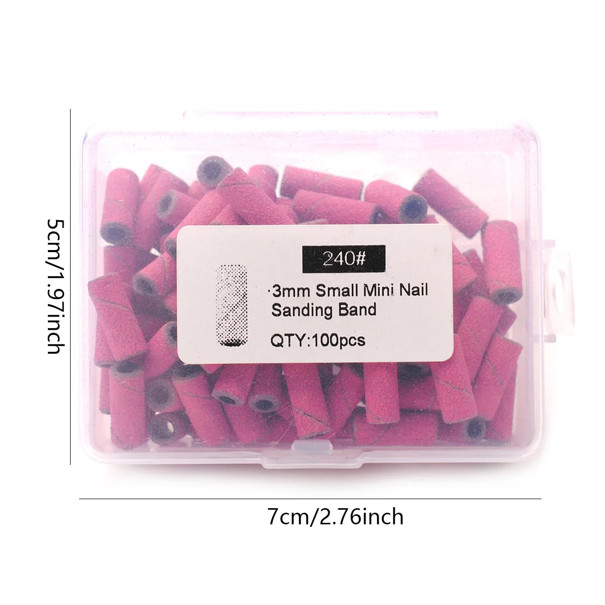 A clear plastic container holds 100 small pink sanding bands for nail drilling.