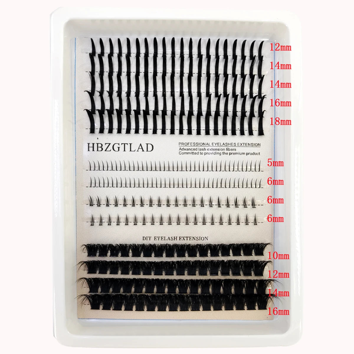 A tray of HBZGTLAD professional eyelash extensions showing various lengths and styles.