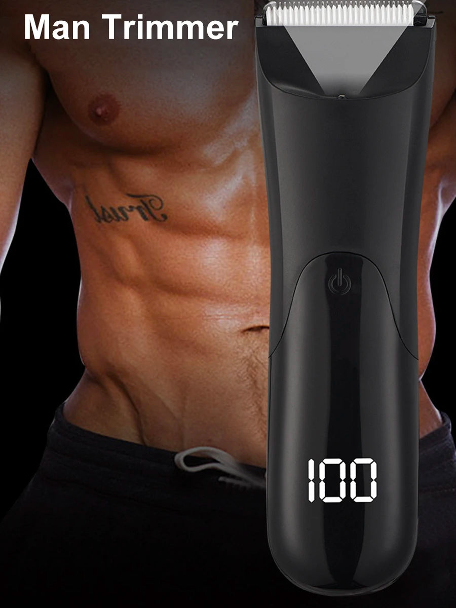 A black electric man trimmer device is shown next to a muscular torso.