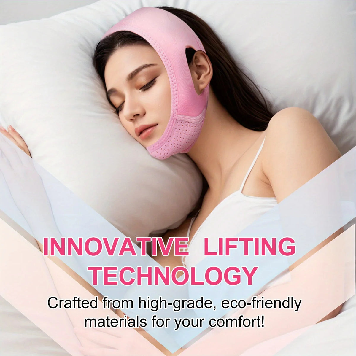 A woman is applying a pink V-Line facial lifting mask on her face while resting in bed.