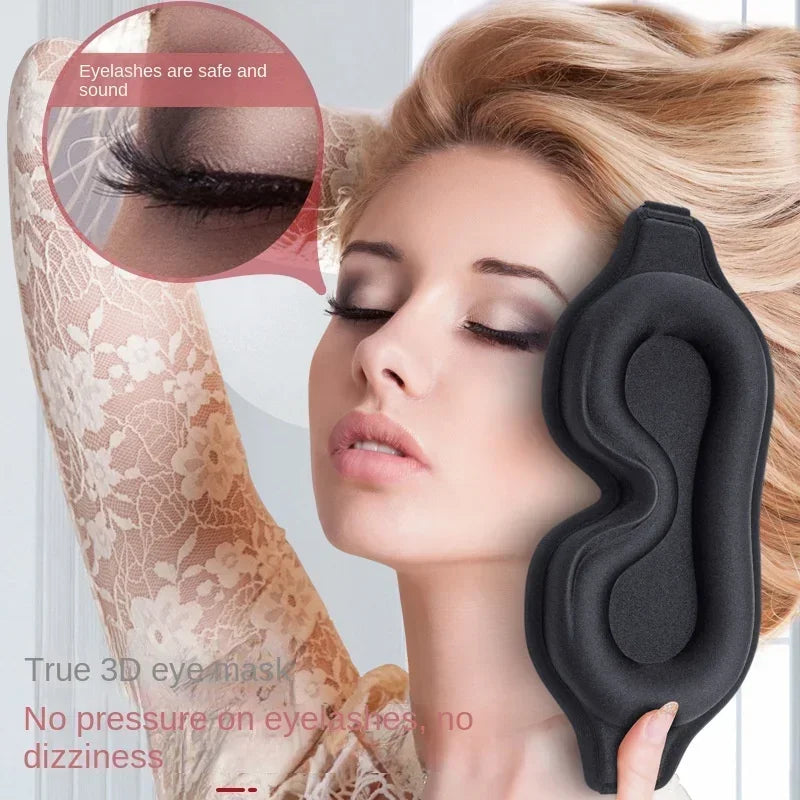 A woman is shown using a black 3D eye mask, emphasizing that eyelashes are safe and sound.