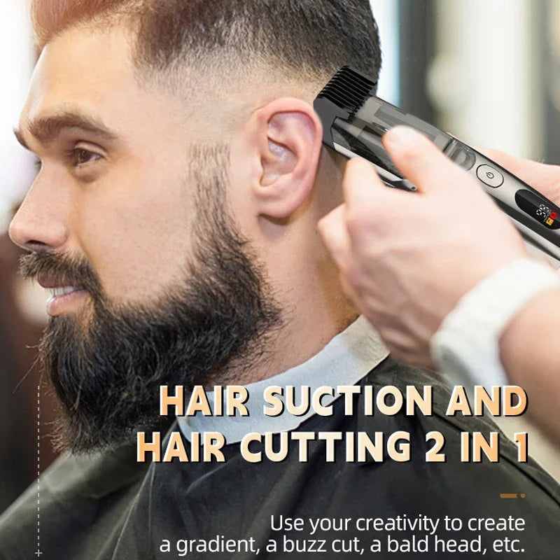 Ein Mann verwendet ein Haarsaugen- und Schneidewerkzeug, um seinen Bart und sein Haar zu stylen.