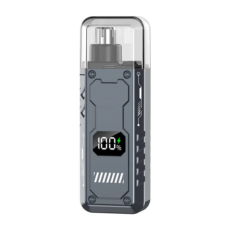 A close-up view of a gray electric trimmer device with a silver cap and a digital display showing 100% battery.