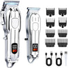 A silver professional cordless hair clipper trimmer set with multiple attachments and charging cables.