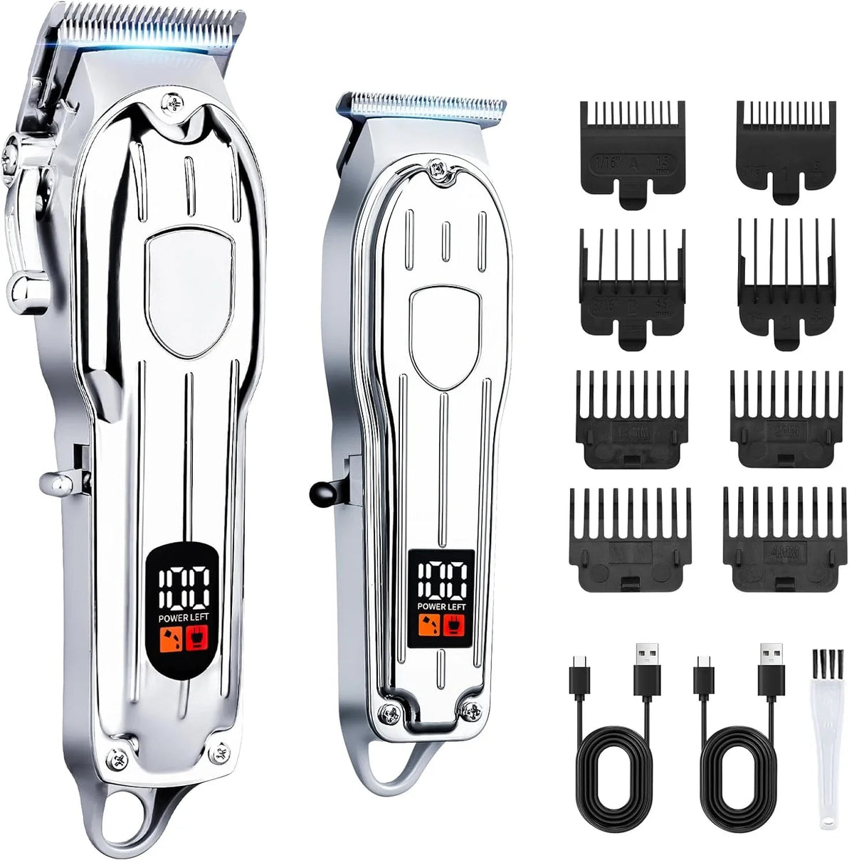 A silver professional cordless hair clipper trimmer set with multiple attachments and charging cables.