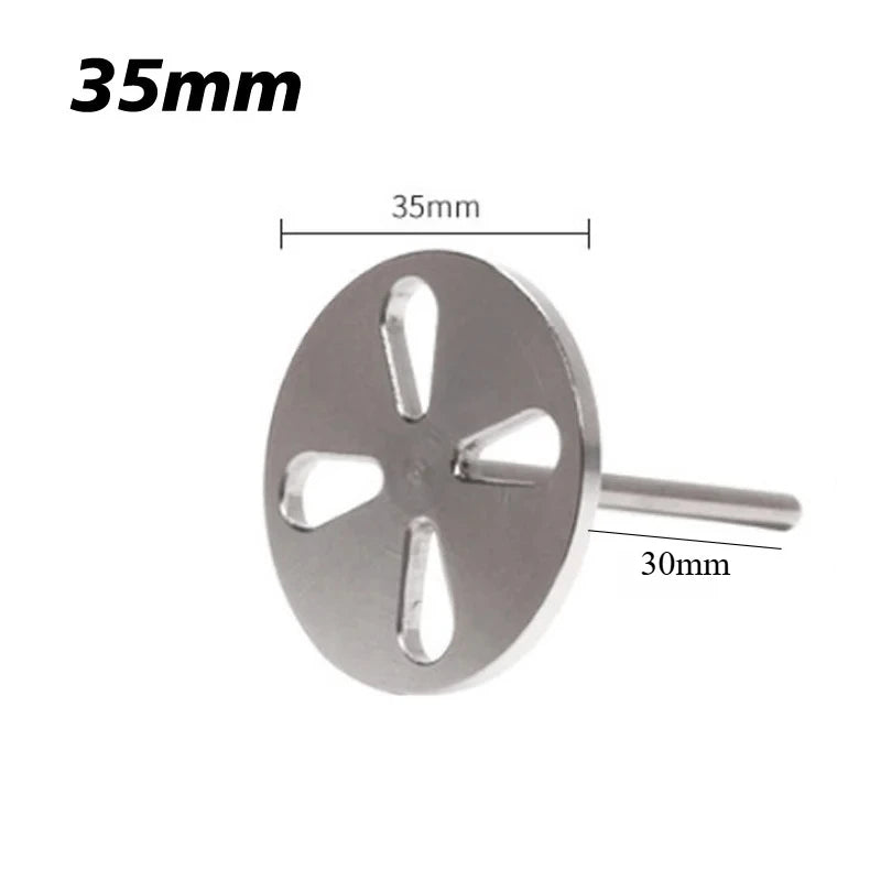 Disque de ponçage rond en argent avec un trou central et un axe dépassant, étiqueté 35 mm de diamètre.