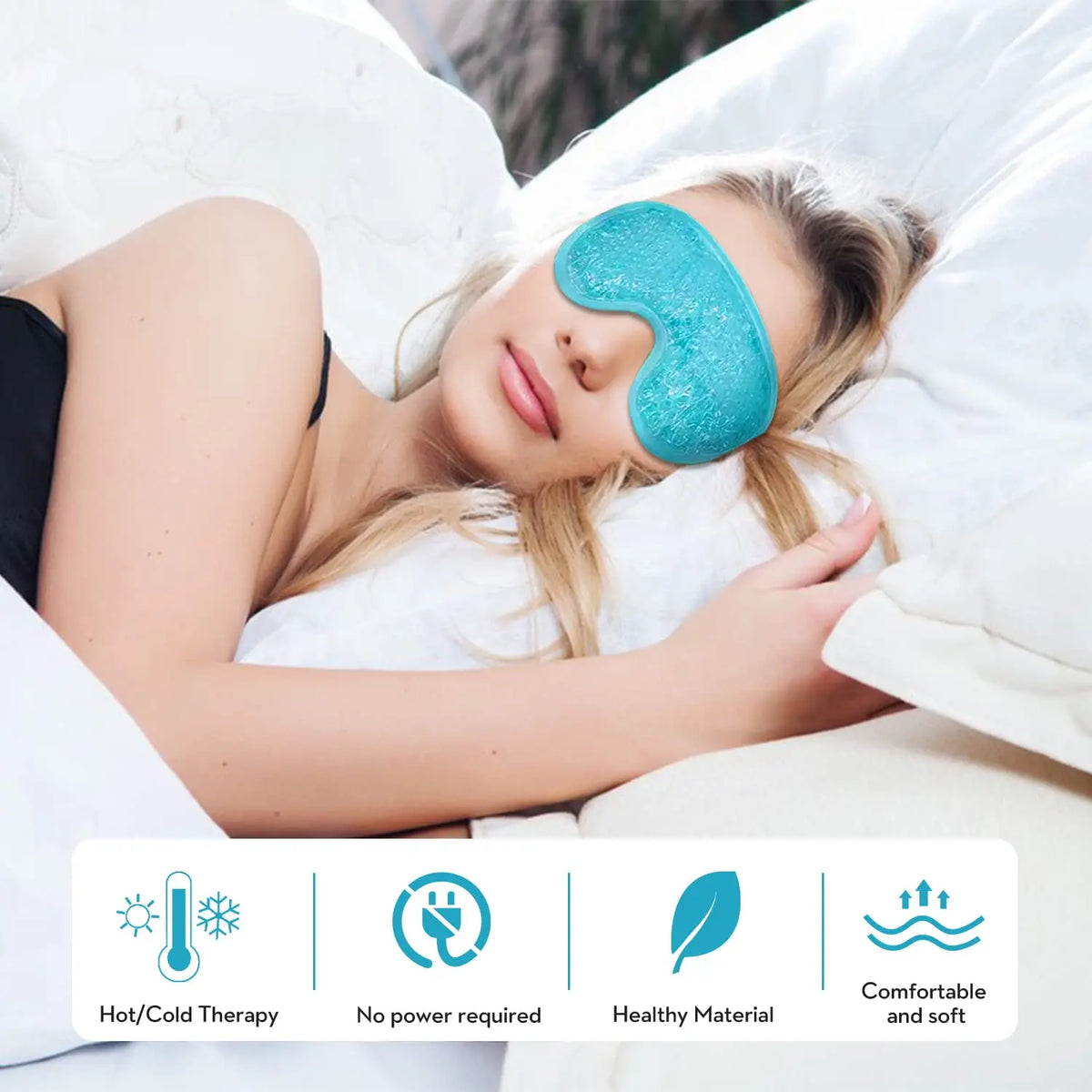 A woman is relaxing with a blue glittery gel eye mask on her eye while lying in bed.